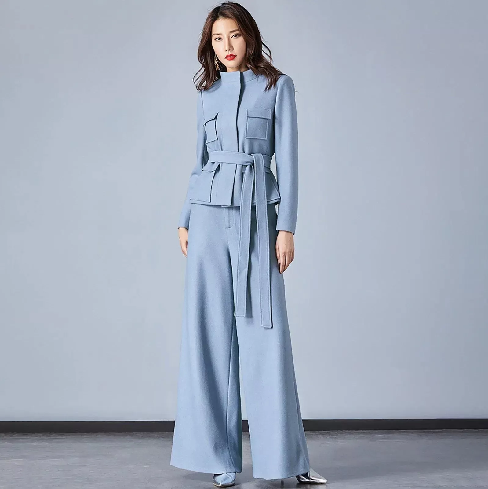 Light Blue Stand Collar Belted Blazer & Wide Leg Pants Set