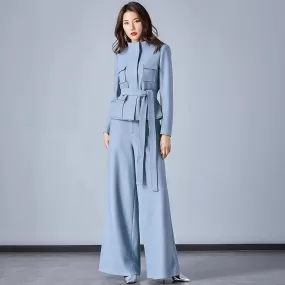 Light Blue Stand Collar Belted Blazer & Wide Leg Pants Set