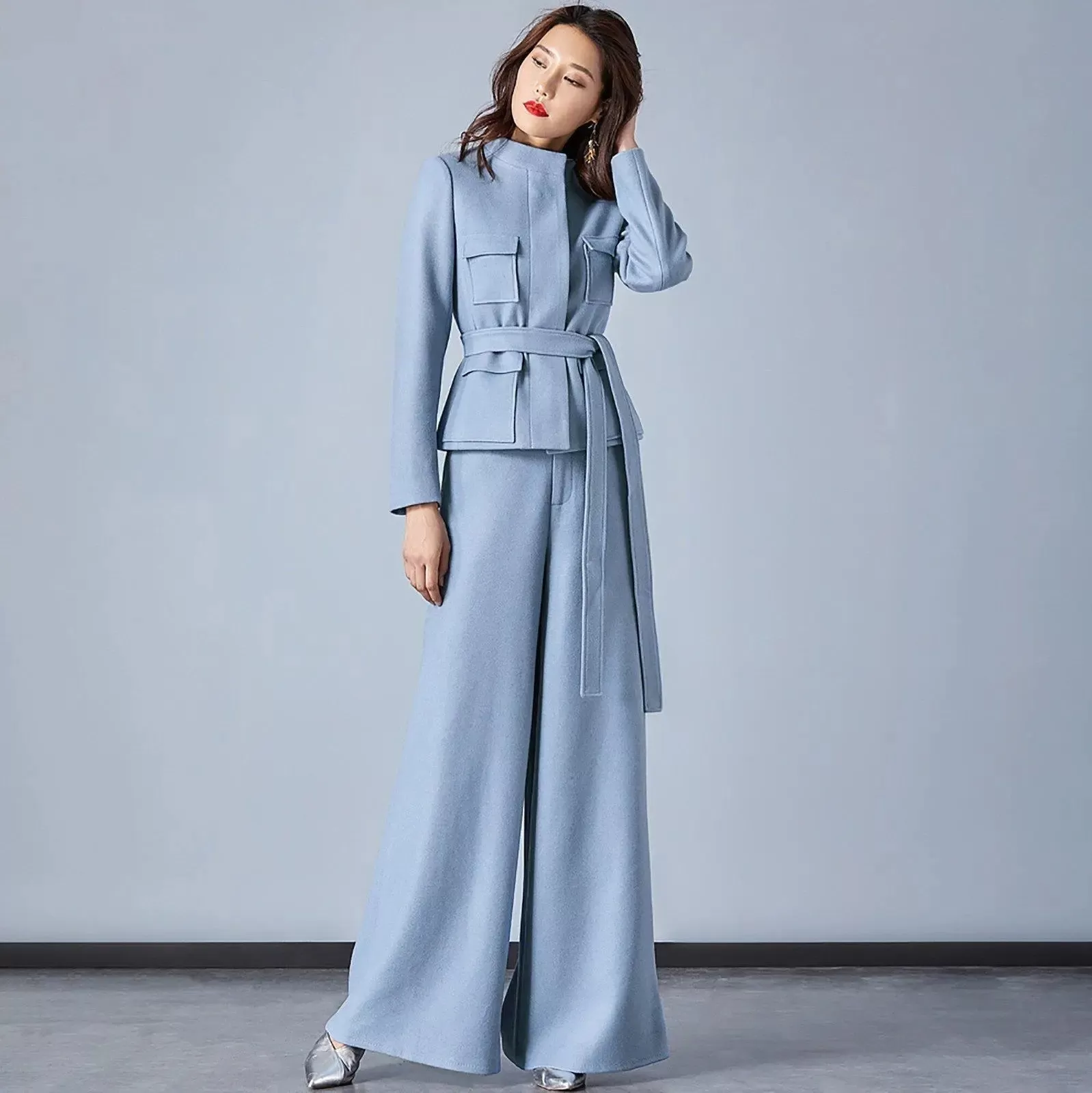 Light Blue Stand Collar Belted Blazer & Wide Leg Pants Set