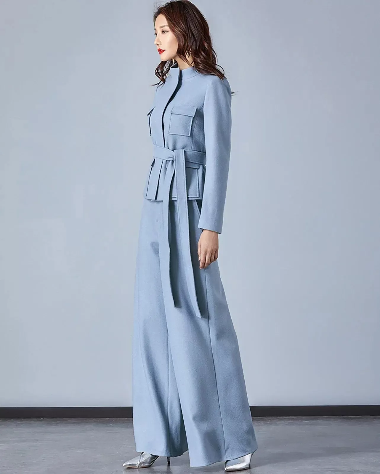 Light Blue Stand Collar Belted Blazer & Wide Leg Pants Set