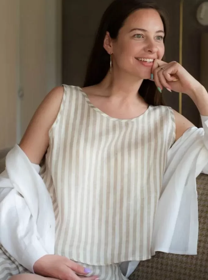 Linen Pyjama Top Liga Wide Stripes