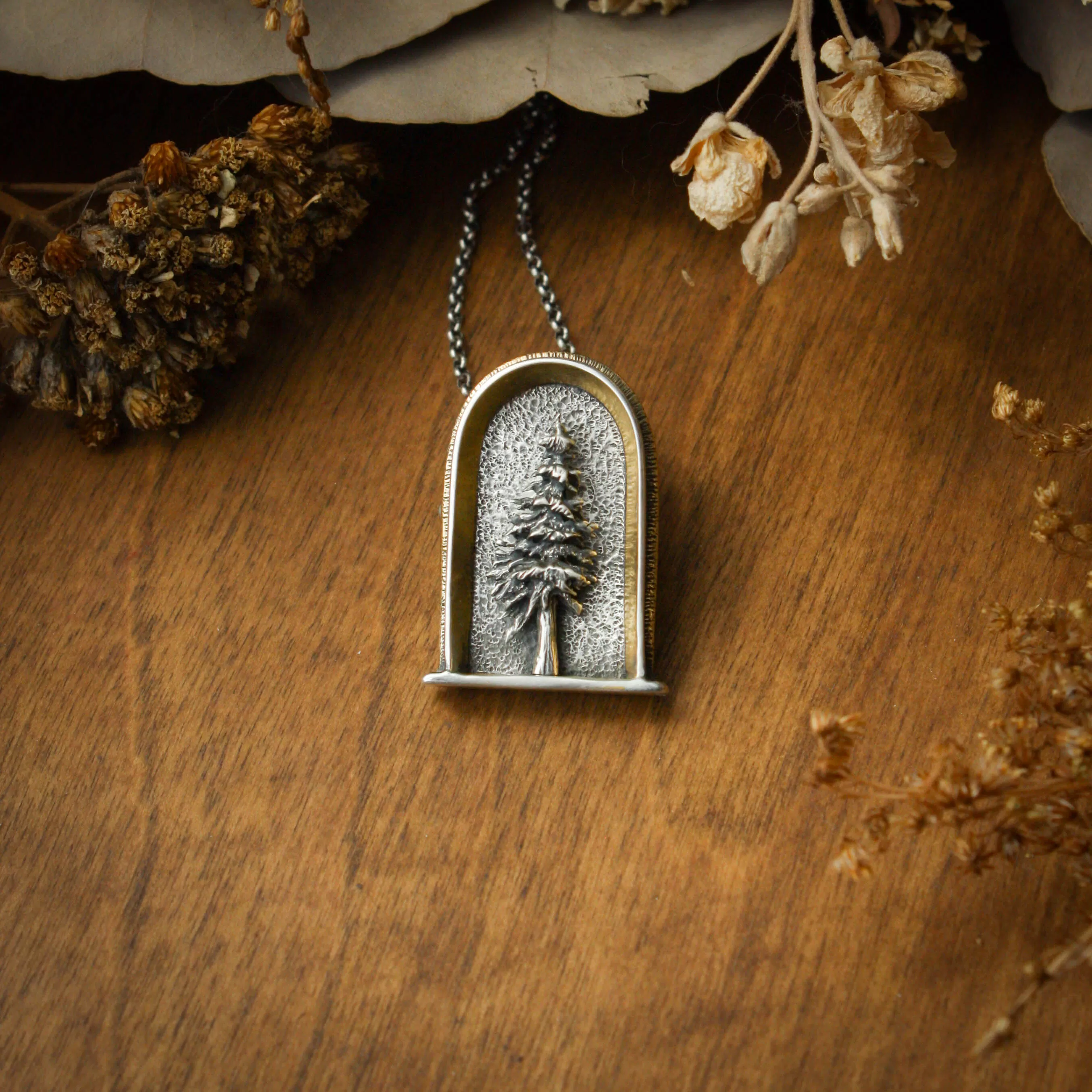 Lone Pine Sterling Silver, 24k Gold and Brass Shrine Pendant