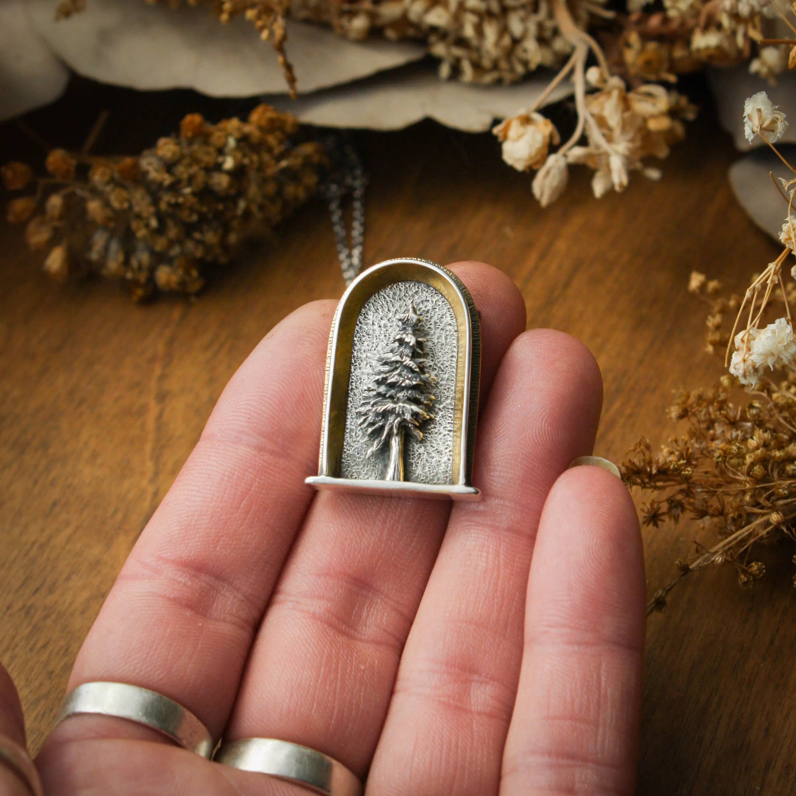 Lone Pine Sterling Silver, 24k Gold and Brass Shrine Pendant