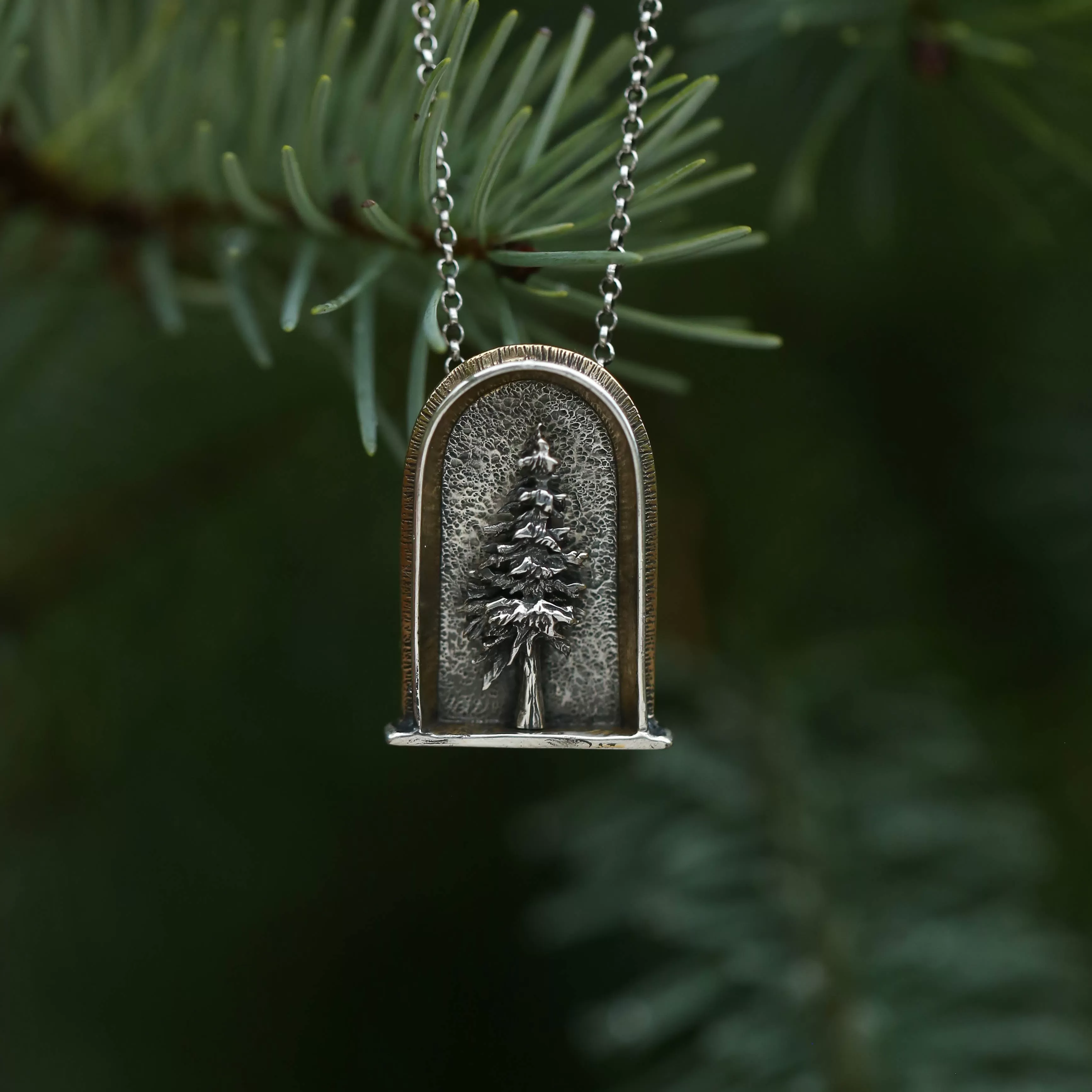 Lone Pine Sterling Silver, 24k Gold and Brass Shrine Pendant