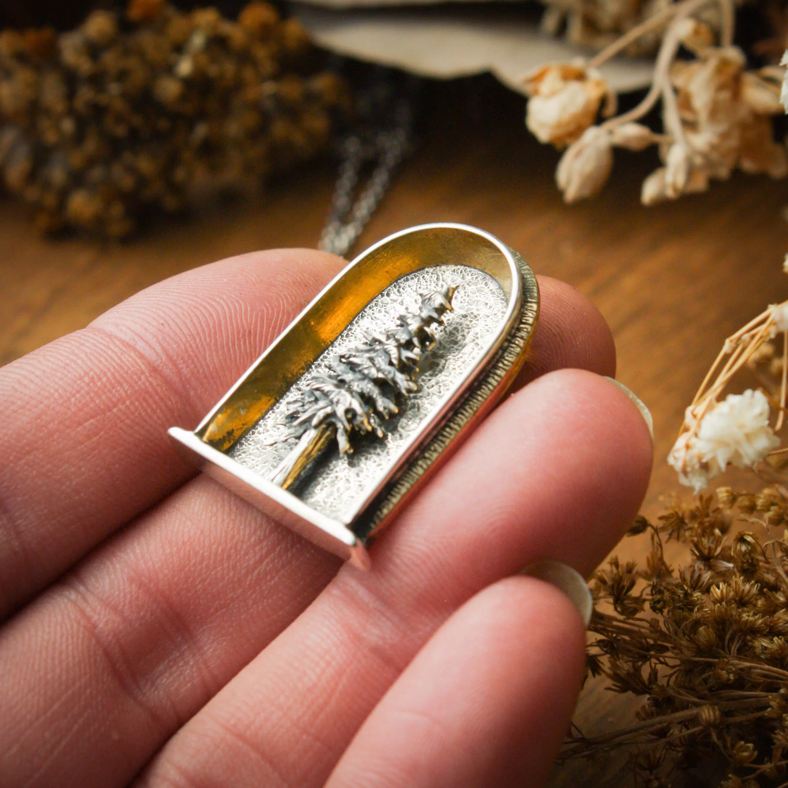 Lone Pine Sterling Silver, 24k Gold and Brass Shrine Pendant