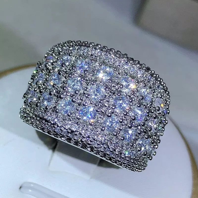 Luxury Round 925 Sterling Silver Bling Diamond Ring