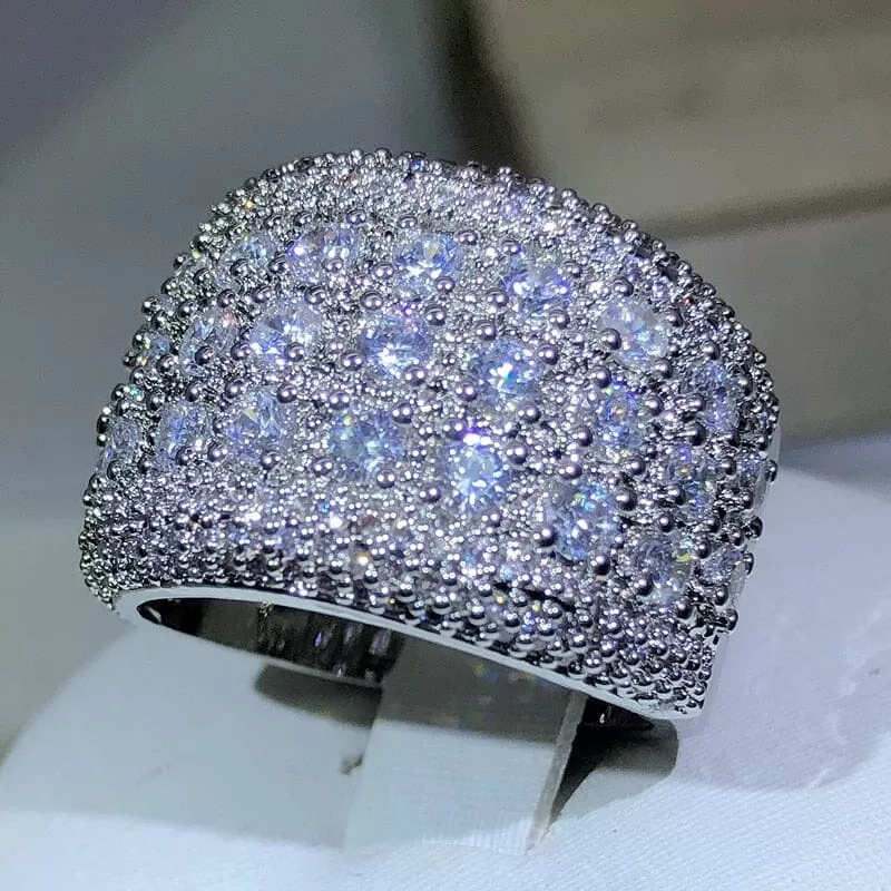 Luxury Round 925 Sterling Silver Bling Diamond Ring