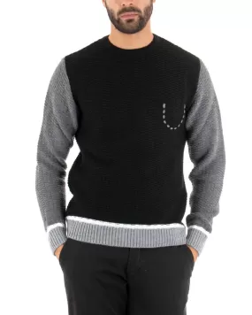 Maglioncino Uomo Maglia Girocollo Bicolore Nero Grigio Maglione Intrecciato GIOSAL-M2455A