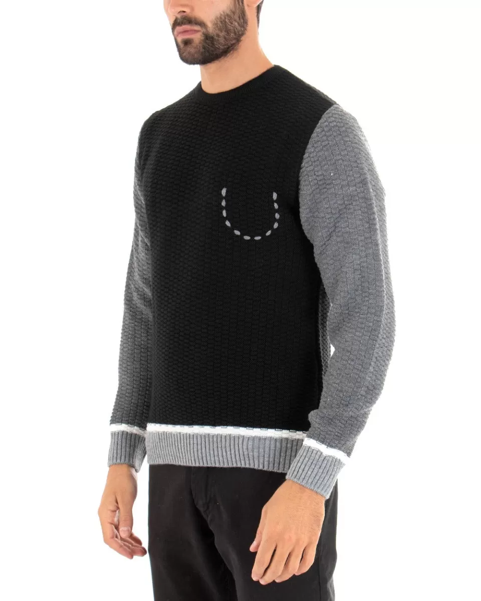 Maglioncino Uomo Maglia Girocollo Bicolore Nero Grigio Maglione Intrecciato GIOSAL-M2455A