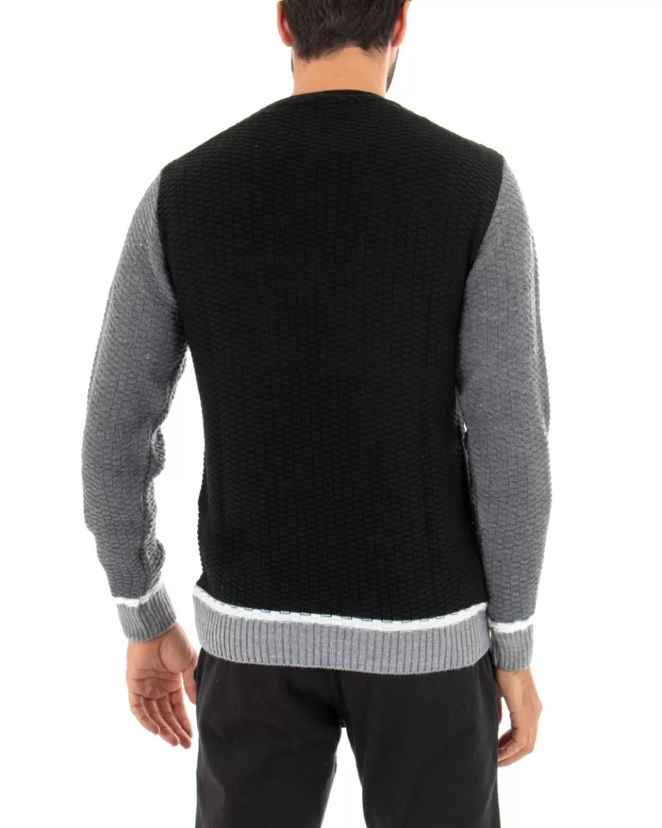 Maglioncino Uomo Maglia Girocollo Bicolore Nero Grigio Maglione Intrecciato GIOSAL-M2455A