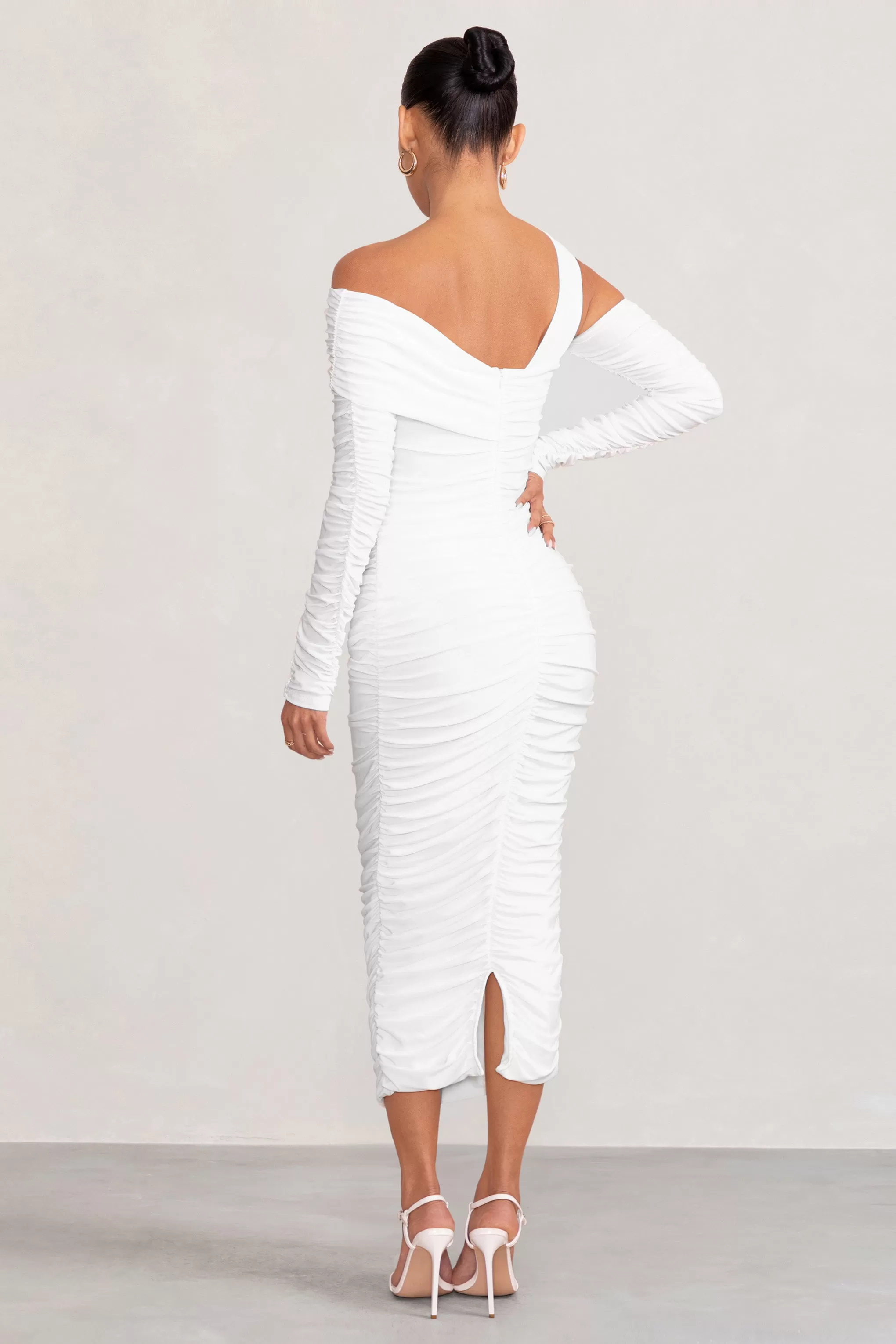 Neile | White Asymmetric Bardot Maternity Midi Dress with Sleeves