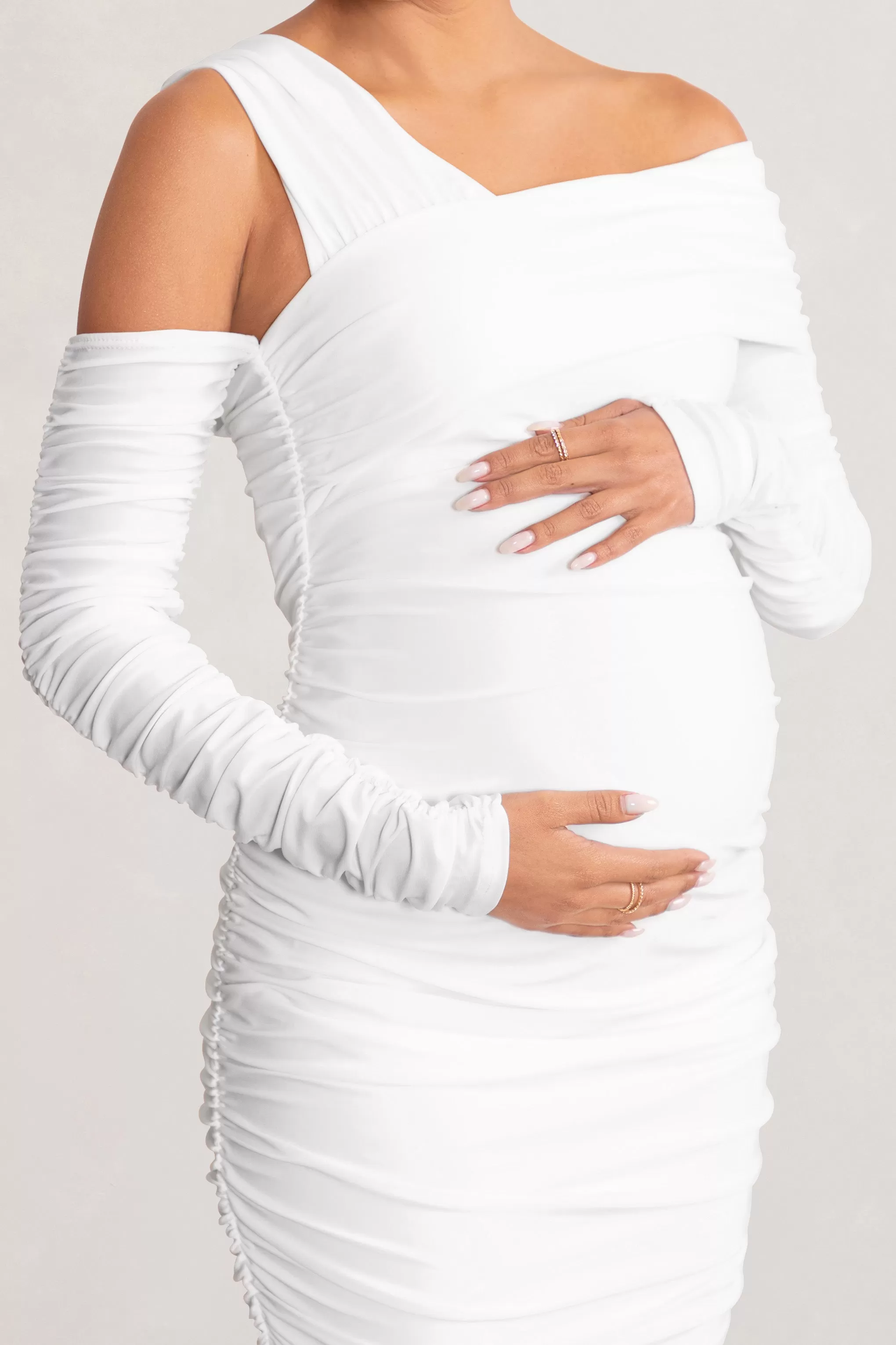 Neile | White Asymmetric Bardot Maternity Midi Dress with Sleeves