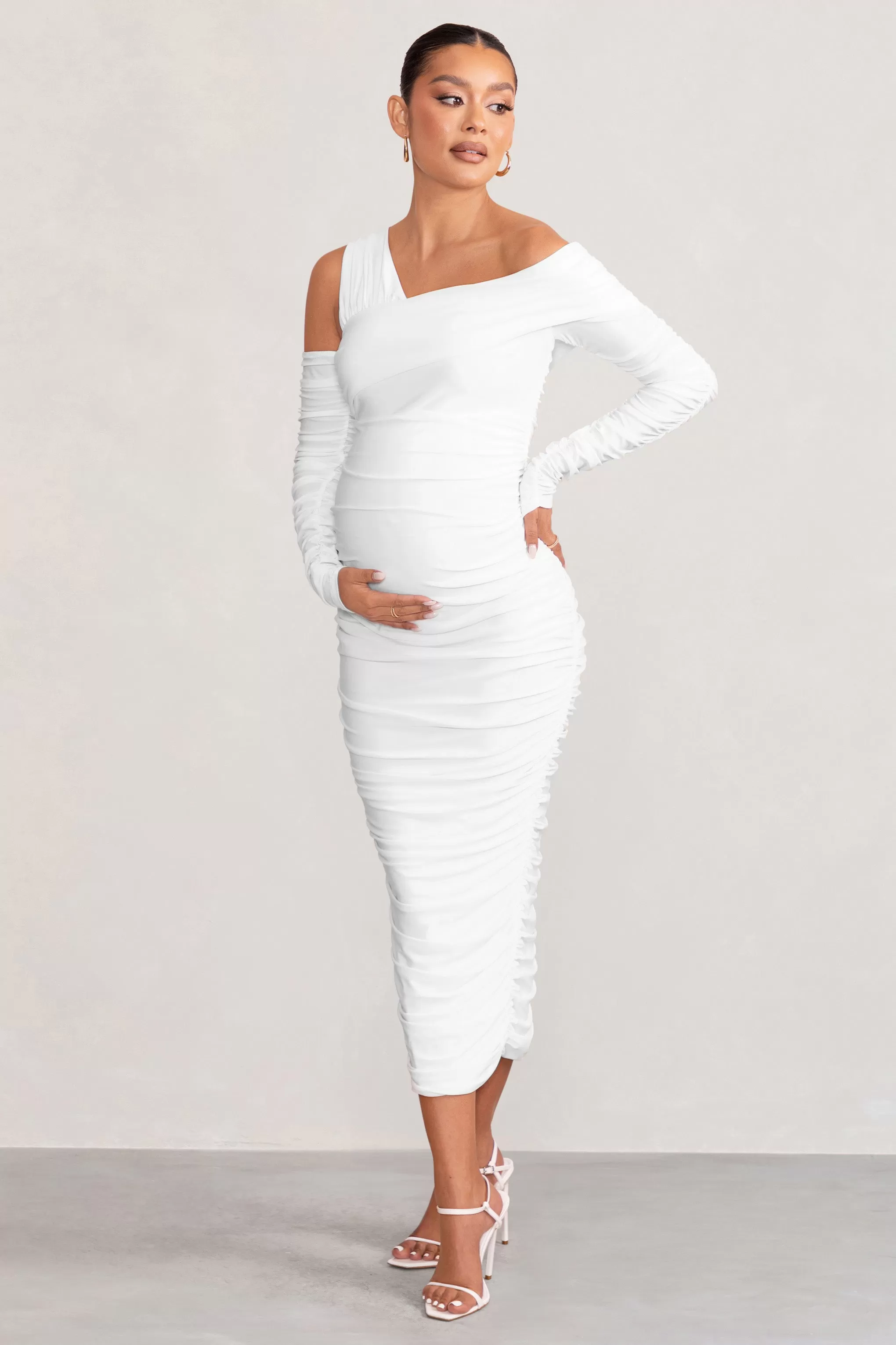 Neile | White Asymmetric Bardot Maternity Midi Dress with Sleeves