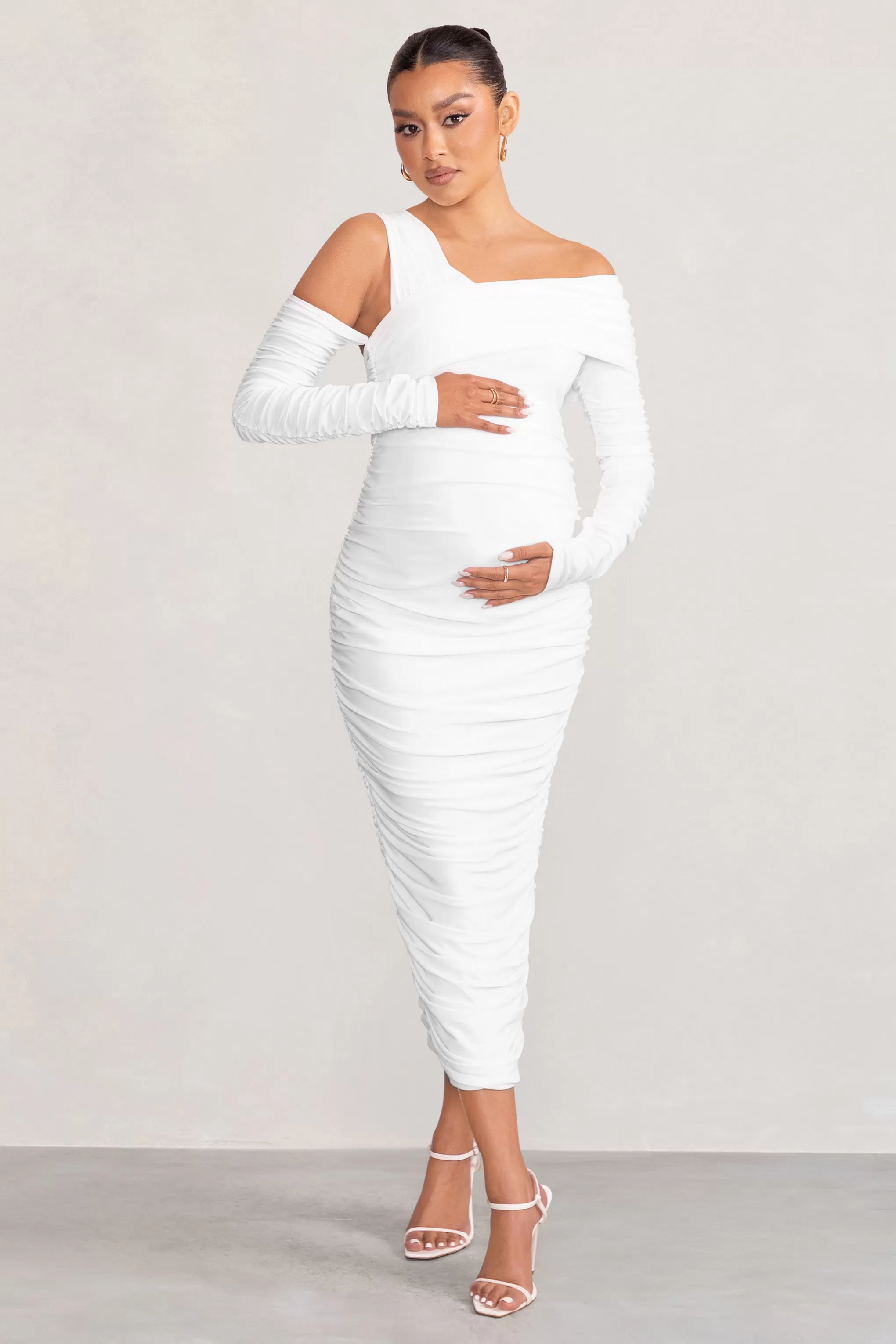 Neile | White Asymmetric Bardot Maternity Midi Dress with Sleeves