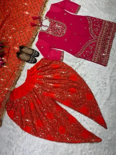 Orange & Pink Heavy Embroidered Punjabi Dhoti Salwar Suit Set