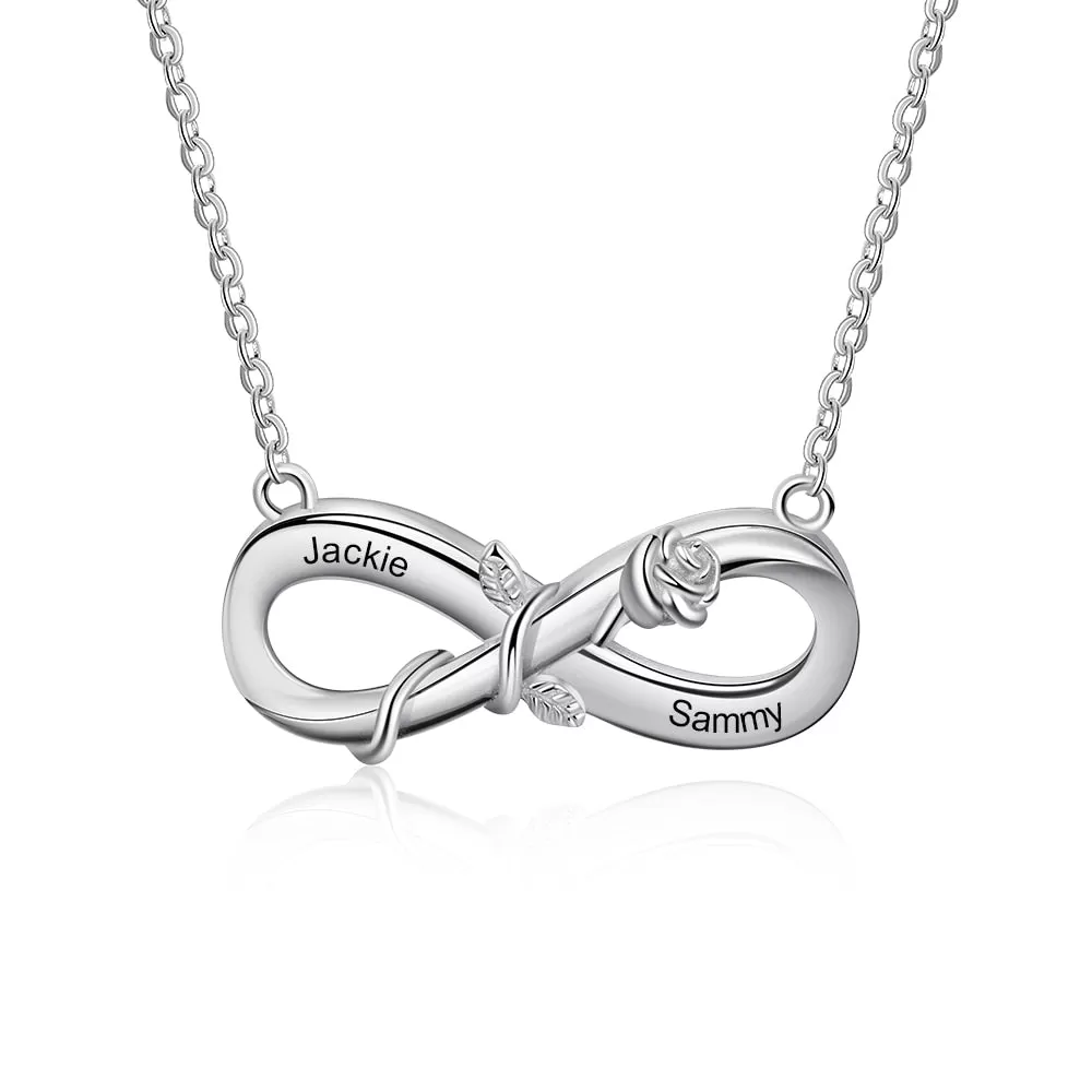 Personalized Engrave 2 Names Rose Flower Pendant Customzied Infinity Love Chain Necklace Valentines Gift for Girlfriend