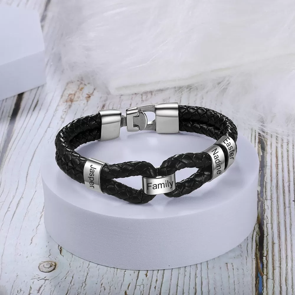 Personalized Men Leather Bracelet With Custom Beads