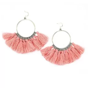 Pink Tassel Silver Hoops Dangle Earrings