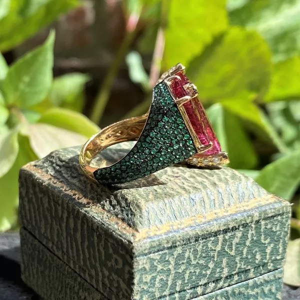 Pink Tourmaline, Emerald & Diamond Ring