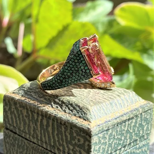 Pink Tourmaline, Emerald & Diamond Ring