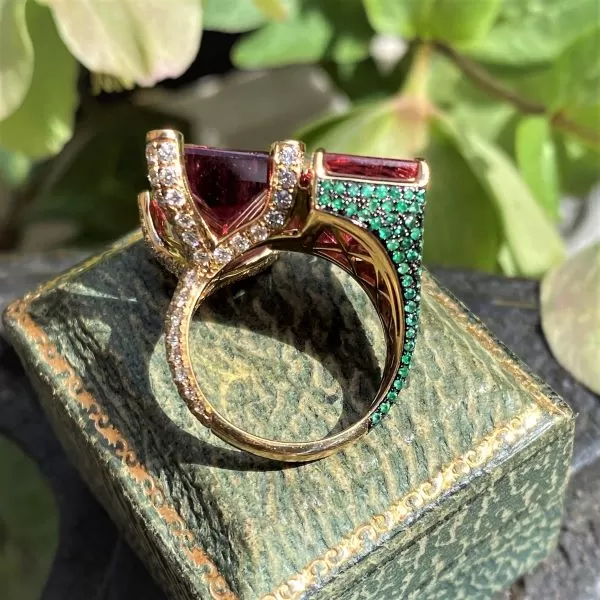 Pink Tourmaline, Emerald & Diamond Ring