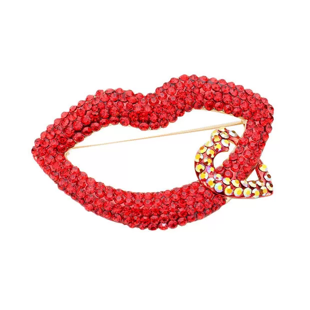 Rhinestone Lip Heart Pin Brooch