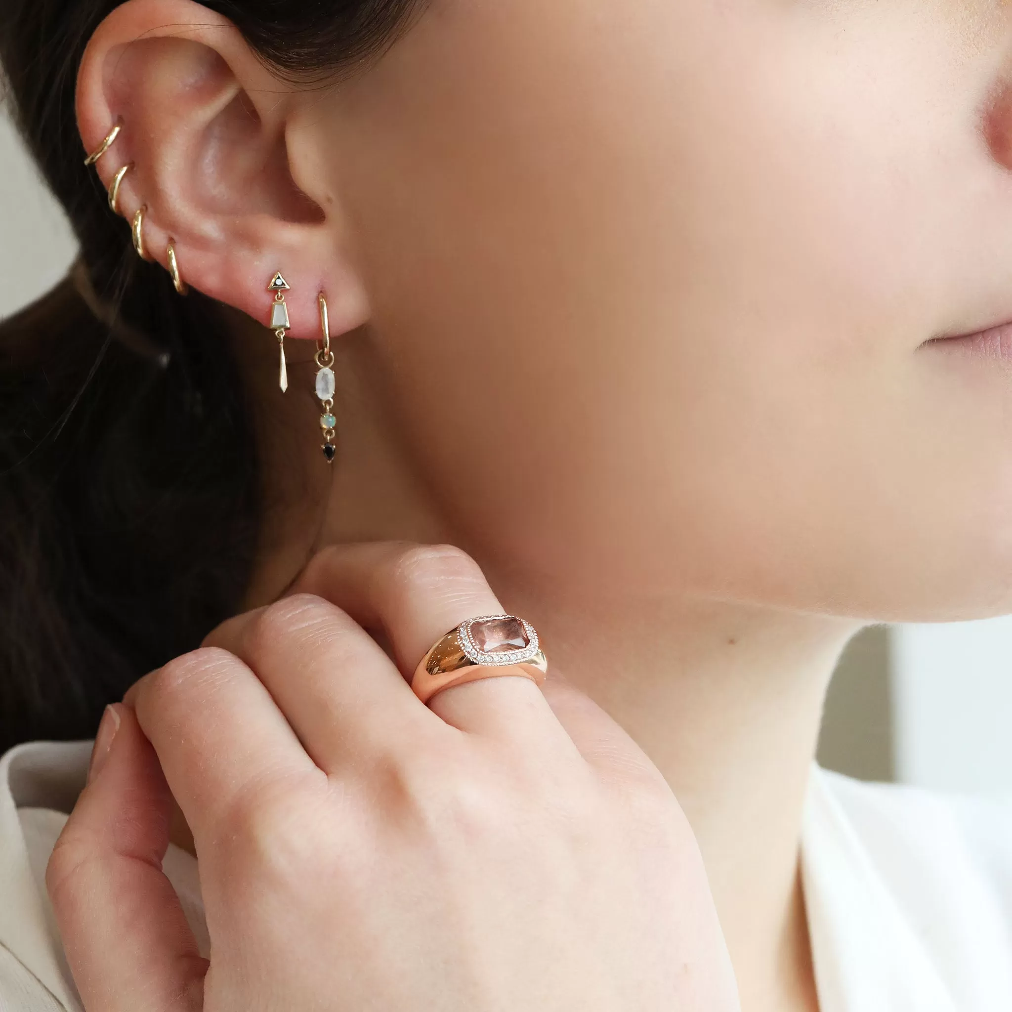 Rose Gold Sunstone Signet Ring with Pave Diamond Halo