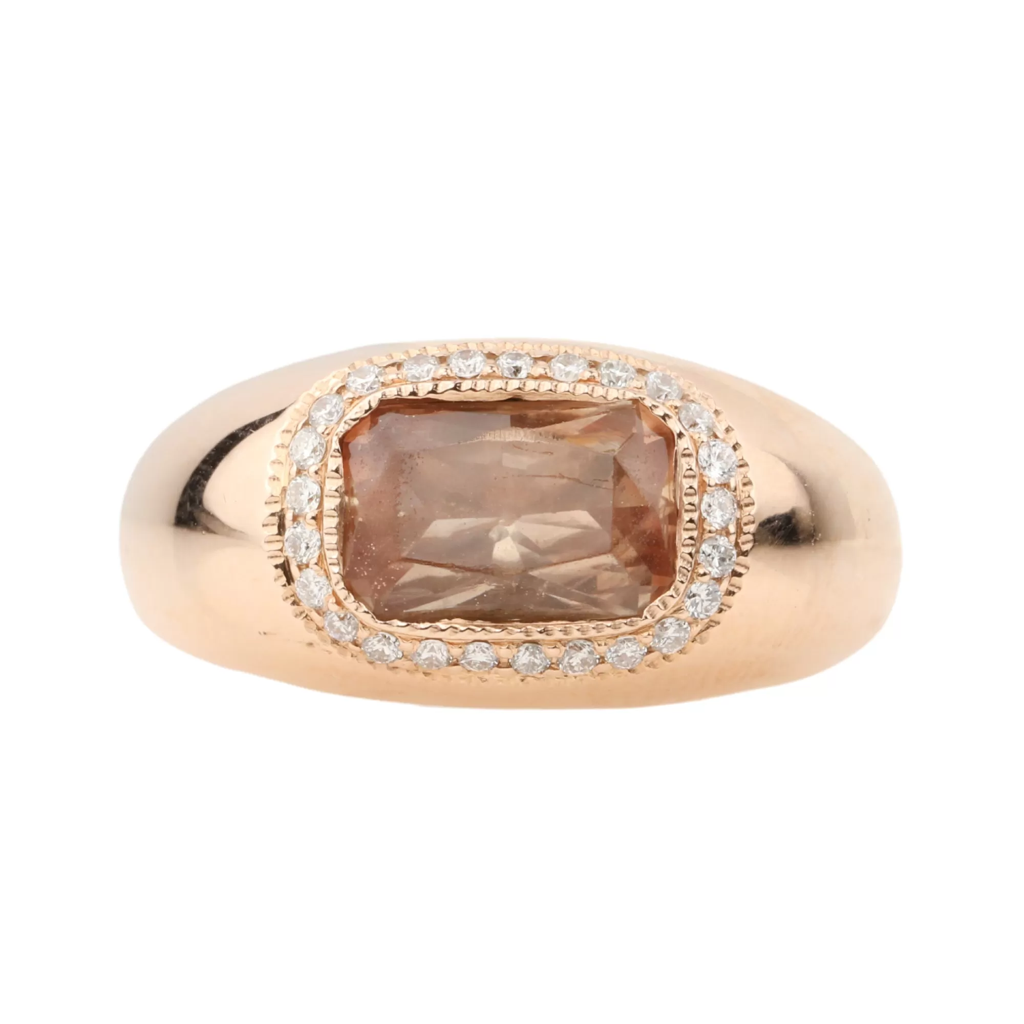 Rose Gold Sunstone Signet Ring with Pave Diamond Halo