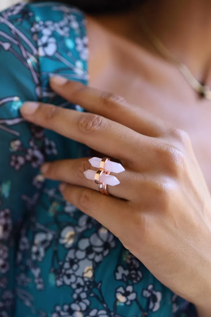 Rose Quartz Double Crystal Ring