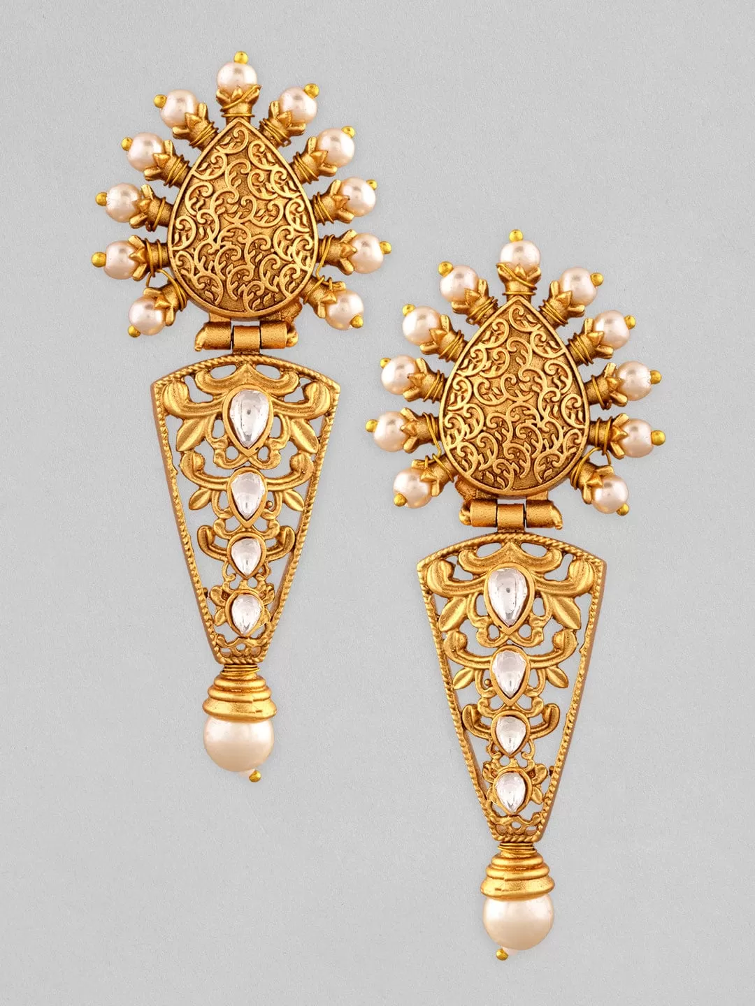 Rubans 22K Gold Plated Drop Earrings With Studded Stone And Pearls