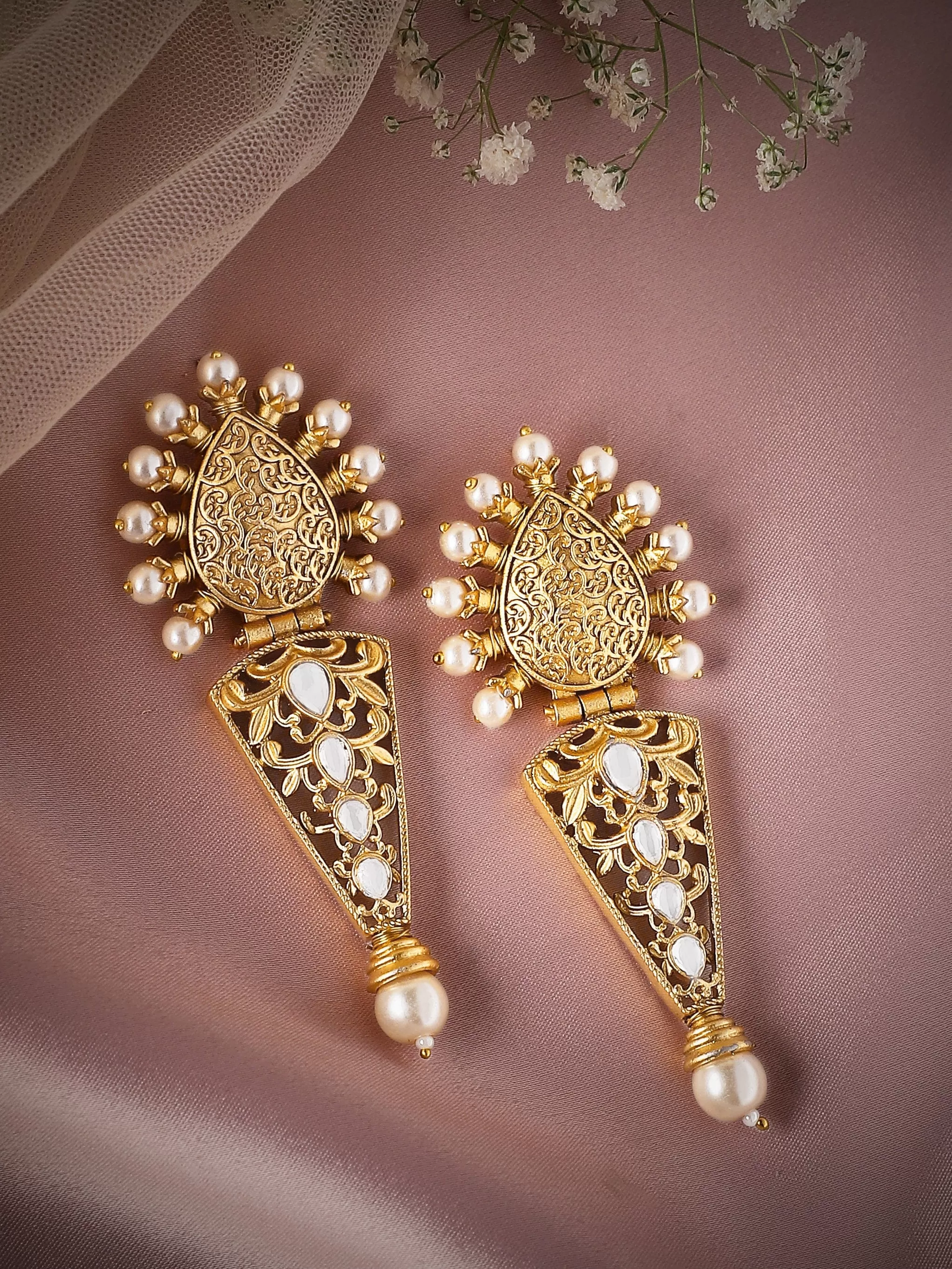 Rubans 22K Gold Plated Drop Earrings With Studded Stone And Pearls