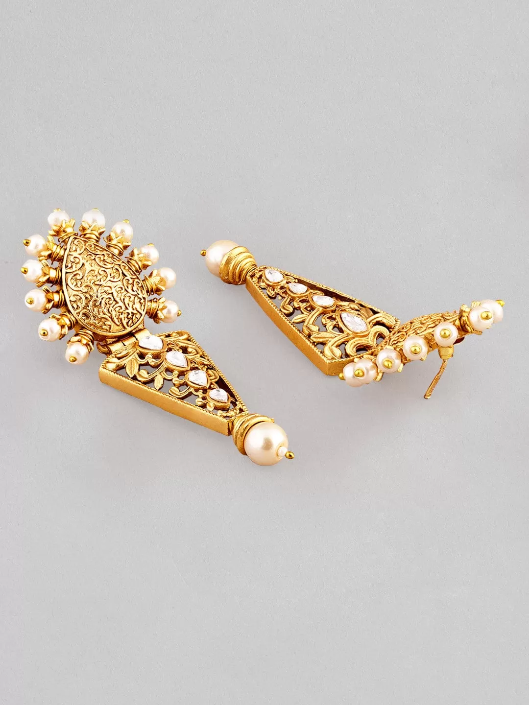 Rubans 22K Gold Plated Drop Earrings With Studded Stone And Pearls