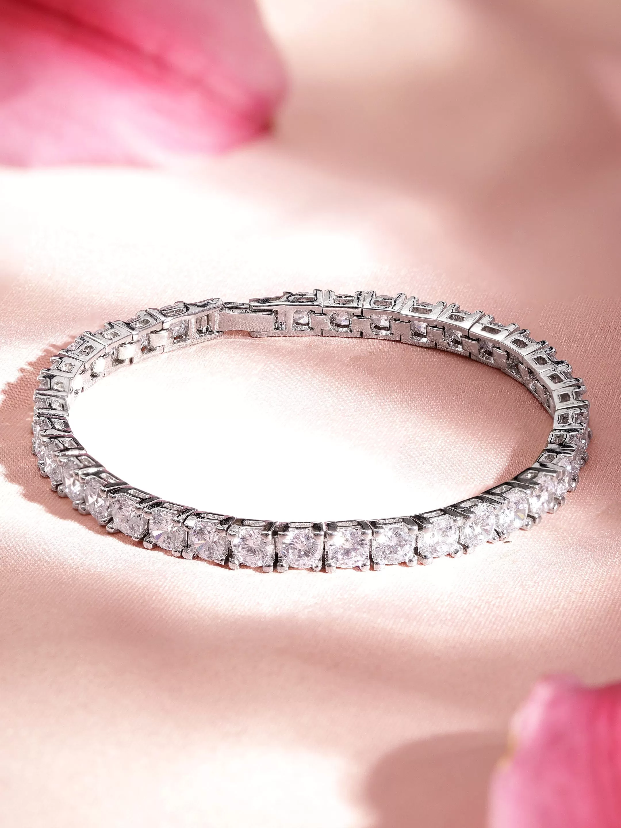 Rubans Rhodium plated Crystal Round Zirconia Demi-fine Classic Tennis Bracelet