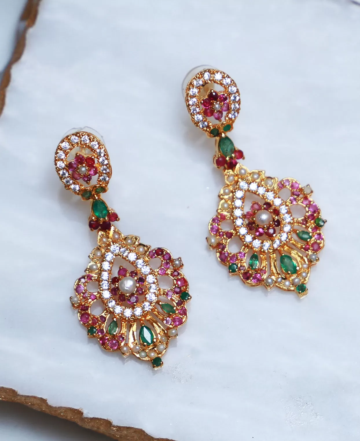 Ruby Emerald Pearl Dainty Earrings