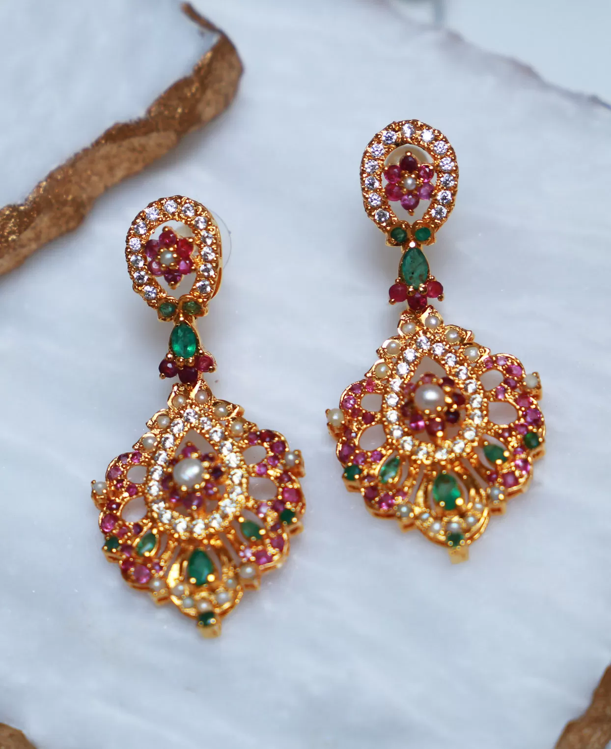 Ruby Emerald Pearl Dainty Earrings