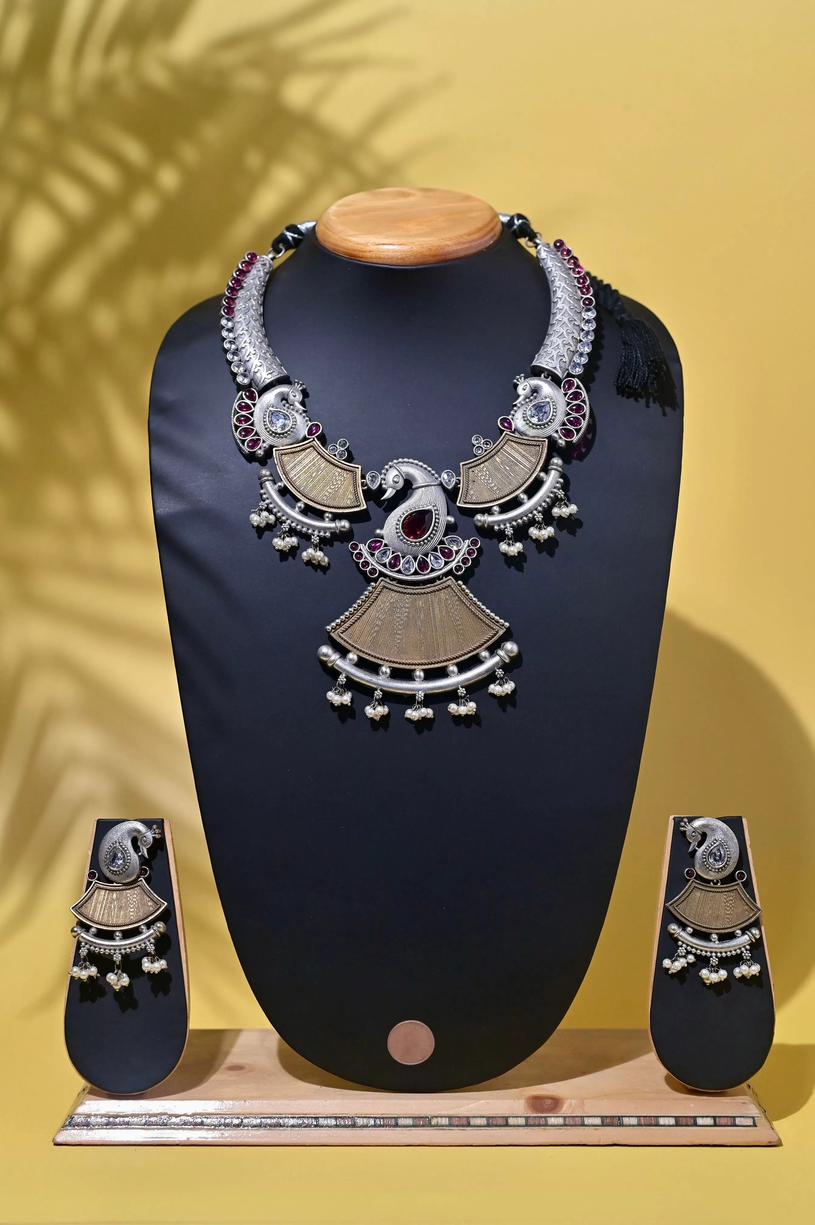 Silver and Golden Dual-Tone Boho Collar Necklace Set with Monalisa and AD Stone Work