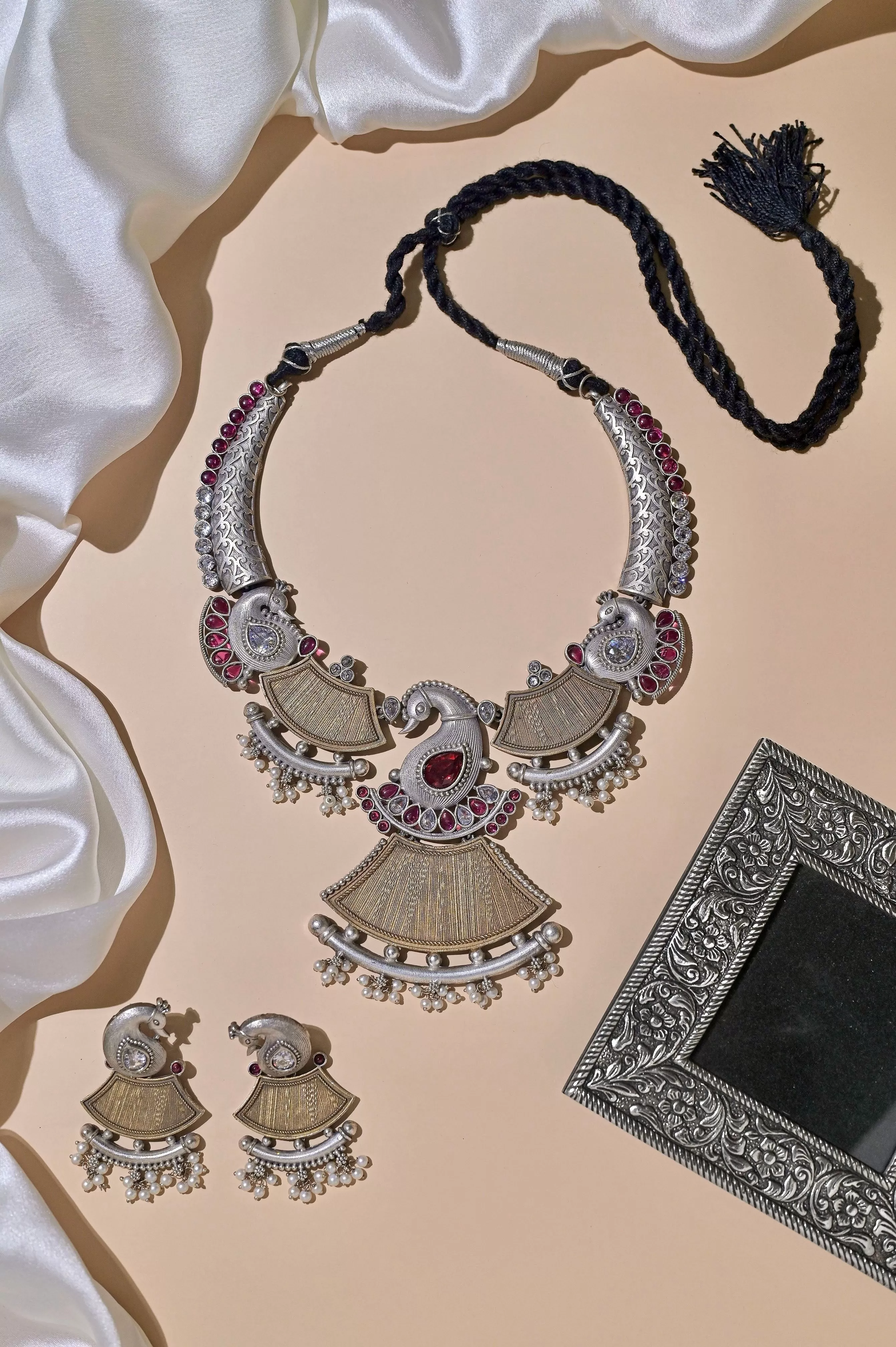 Silver and Golden Dual-Tone Boho Collar Necklace Set with Monalisa and AD Stone Work