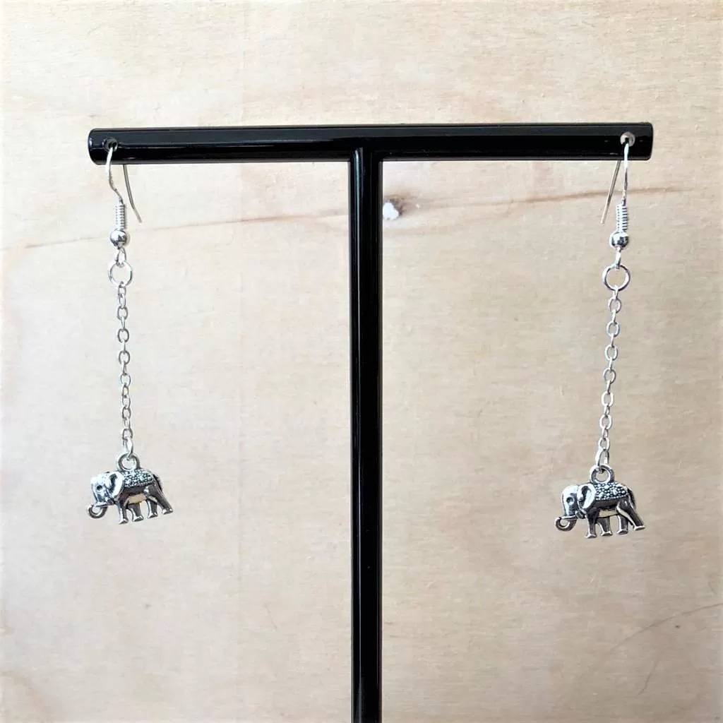 Silver Elephant Long Dangle Earrings