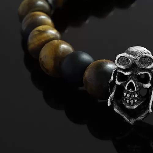 Silver Skull Men's Bracelet Natural Tiger's Eye with Solid 925 Sterling Silver Charm