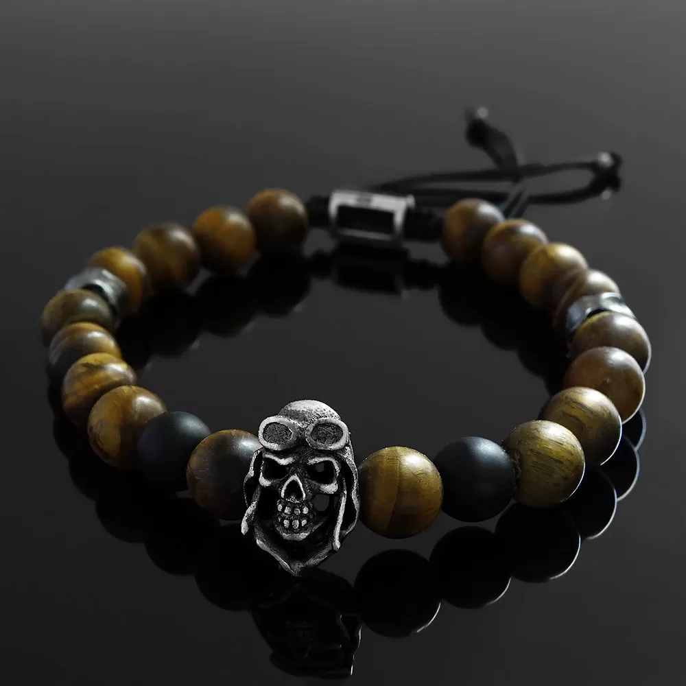 Silver Skull Men's Bracelet Natural Tiger's Eye with Solid 925 Sterling Silver Charm