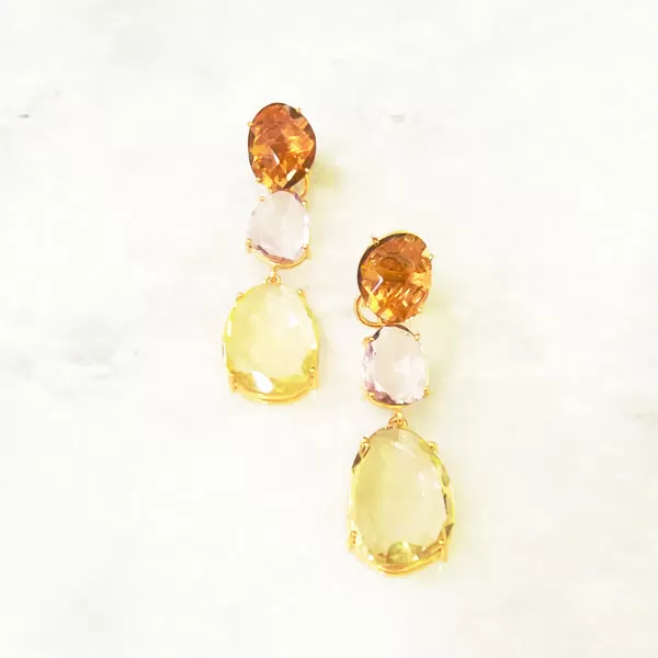 Smokey Quartz Stud with Amethyst & Lemon Quartz Twinset Earrings