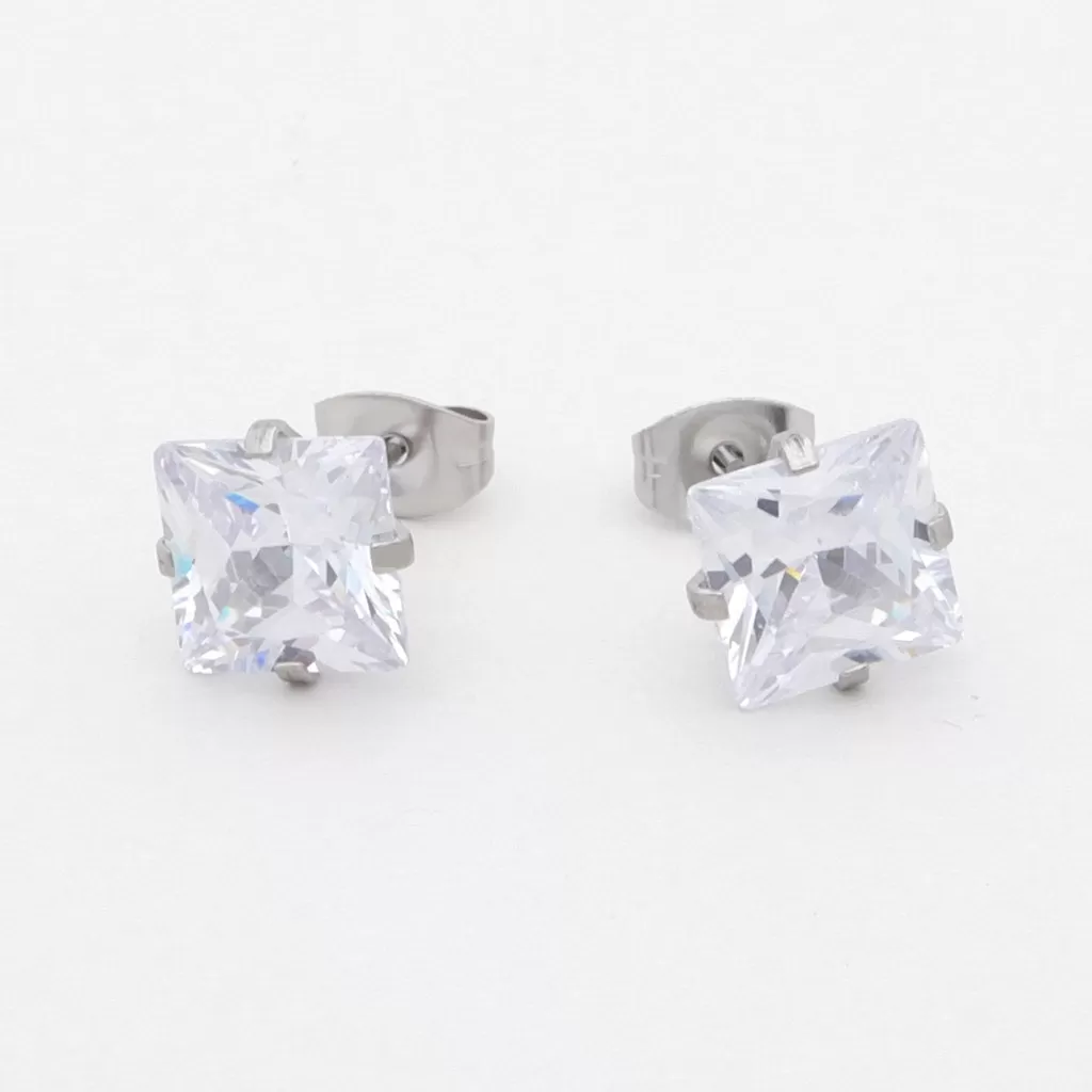 Square Cubic Zirconia Martini Stud Earrings - Silver