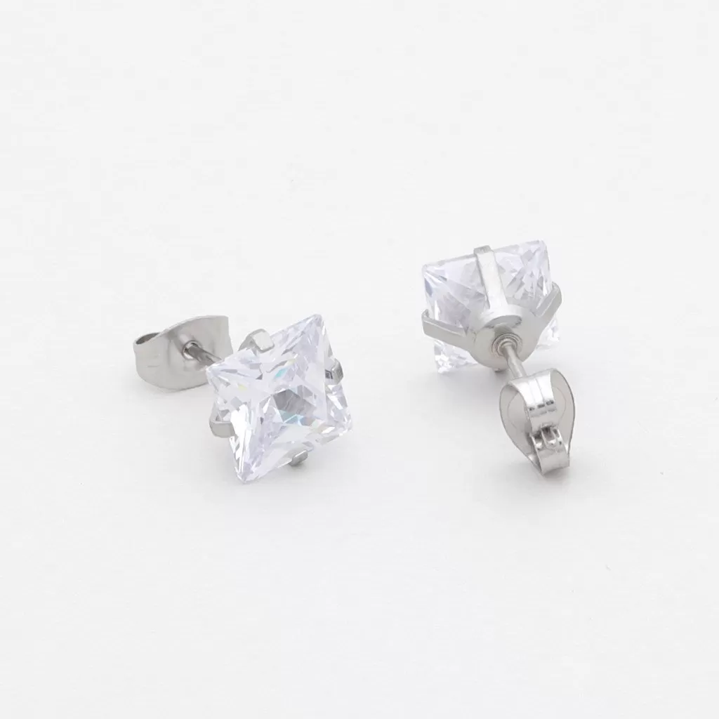 Square Cubic Zirconia Martini Stud Earrings - Silver