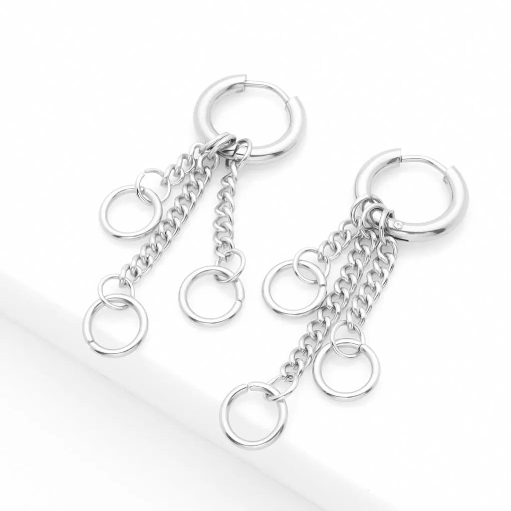 Stainless Steel 3 Drop Chains Huggie Hoop Earrings - Silver