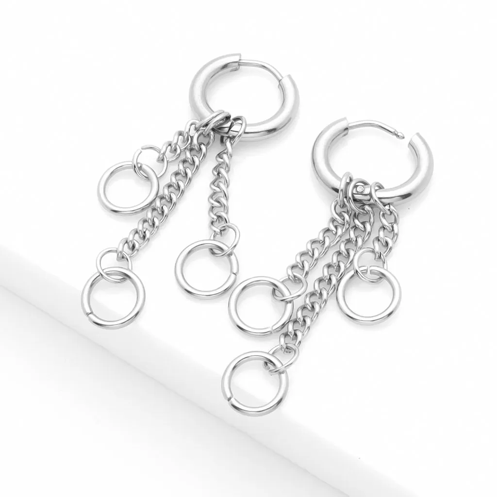 Stainless Steel 3 Drop Chains Huggie Hoop Earrings - Silver