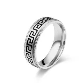 Stainless Steel Greek Key Pattern Band Ring - Silver