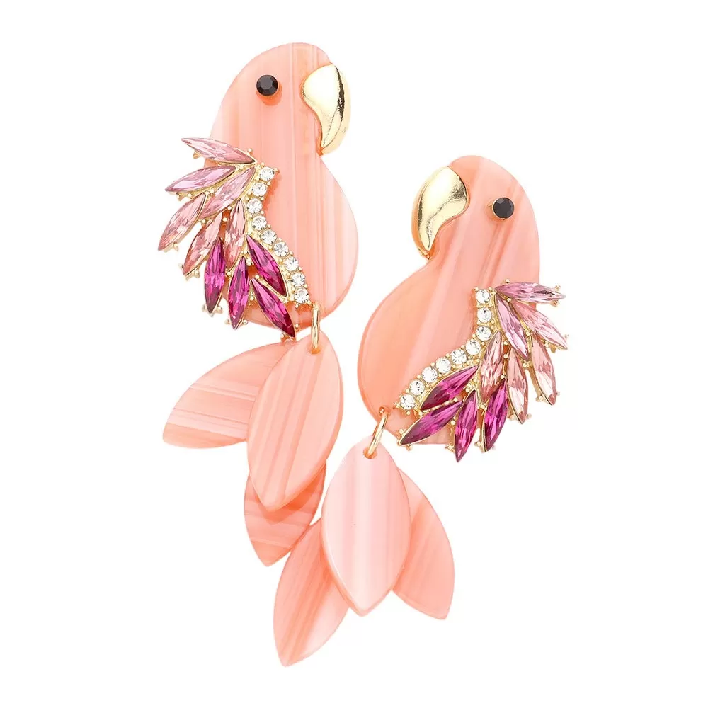 Stone Embellished Celluloid Acetate Parrot Dangle Earrings