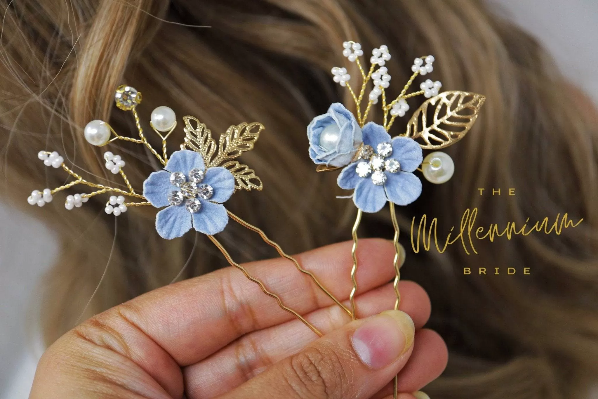 Swarovski Crystals Pearl Light Blue flower Hair Comb' Bridal Hair Accessories, Wedding Hair Accessory, Bridal Blue Hair Comb And Pins Set.