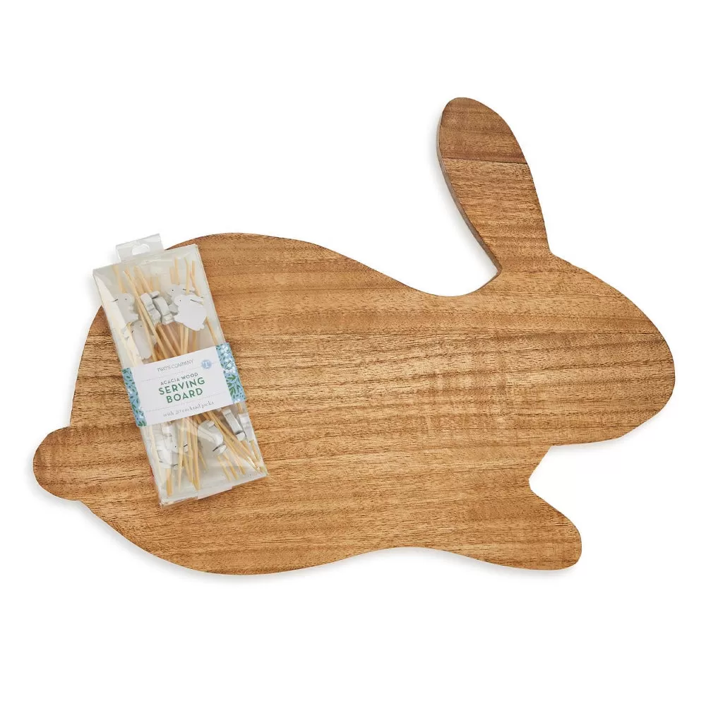 Two's Company Bunny Wooden Serving Board with 20 Bunny Picks