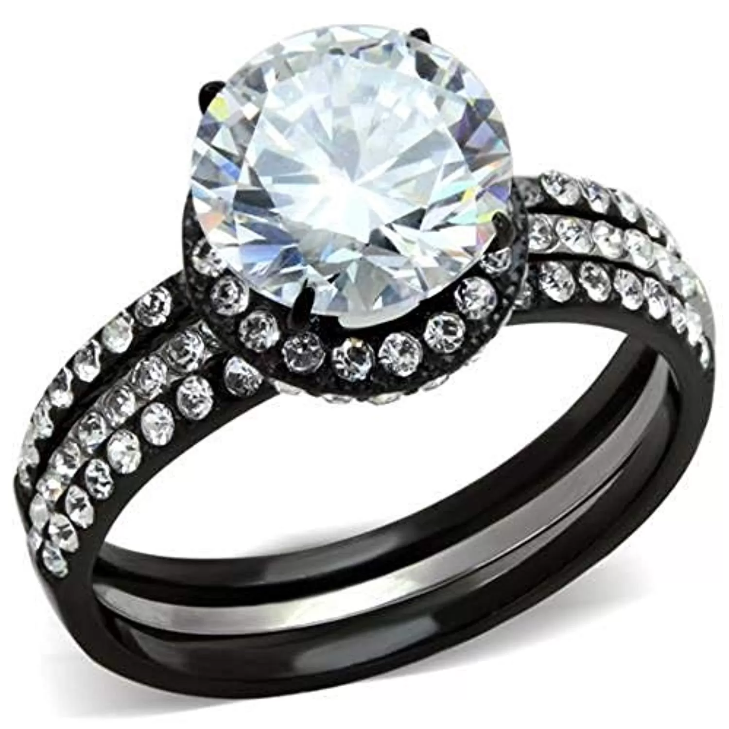 WildKlass Stainless Steel Ring Two-Tone IP Black Women AAA Grade CZ Clear